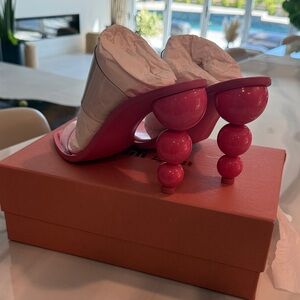 Pink Beaded Sculptural-Heel Mule
